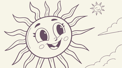 Smiling Sun Cartoon Illustration:  A cheerful sun with big eyes and a wide grin shines brightly in the sky, perfect for children's books,  educational materials.