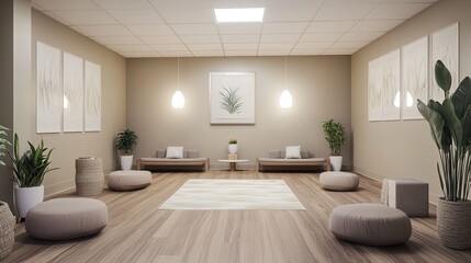Serene minimalist meditation room with neutral tones, low seating, plants, and artwork.