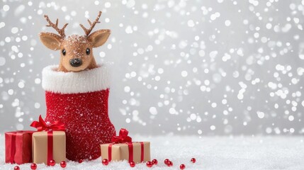Festive Small Reindeer Toy in Christmas Stocking with Gifts