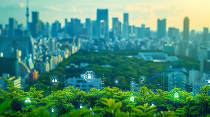 Sustainable Cityscape Integrating SDGs with Green Technology, Futuristic Urban Development and Environmental Conservation, Daytime