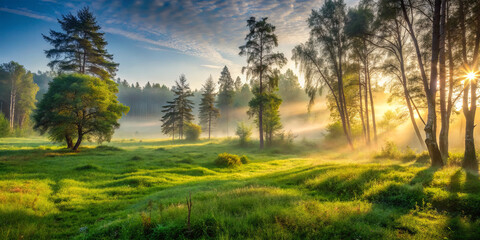 Fototapeta premium Golden sunlight breaks through tall trees, illuminating a lush green meadow. Mist hovers over the ground, creating an enchanting morning atmosphere in the forest
