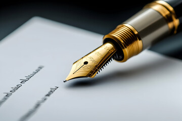 Elegant golden fountain pen signing a white document with precision