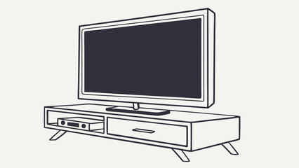 Modern TV Stand: A sleek and minimalist illustration of a flat-screen TV mounted on a stylish wooden stand, showcasing a contemporary home entertainment setup. 