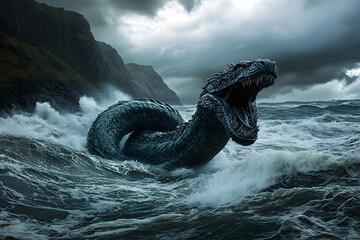 Enormous sea serpent emerging from the waves near a rugged coastline