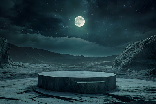 Enigmatic podium set in a mysterious moonlit landscape
