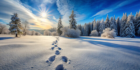 A serene winter landscape features a blanket of fresh snow covering the ground. Footprints meander through the scene, leading toward the sun shining brightly above