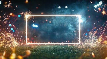 Glowing Rectangular Frame Surrounded By Vibrant Sparklers On Grass With Colorful Bokeh Lights And Smoky Atmosphere