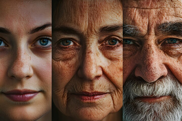 Faces showing different stages of life: youth, middle age, and old age, symbolizing human growth and diversity