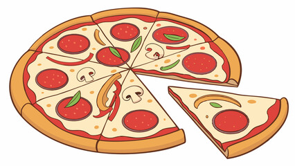 Delicious Pepperoni Pizza Slice: A tempting illustration of a pepperoni pizza, freshly baked and ready to be enjoyed. One slice is pulled away, revealing the cheesy goodness inside. Perfect for menus.