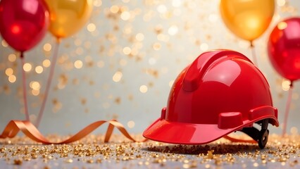 Red construction helmet on festive background with golden balloons. Builder's Day