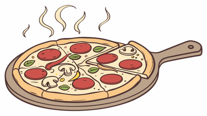 Pepperoni Pizza Delight: A hand-drawn illustration of a steaming hot pepperoni pizza on a wooden board, ready to be devoured. The perfect visual for your next restaurant menu, food blog.
