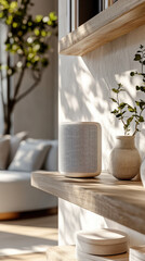 A smart home speaker positioned on a modern shelf with neutral decor, bright natural light, sleek and minimalist design, photorealistic