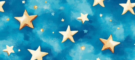 Obraz premium Glowing Golden Stars on a Dreamy Icy Blue Watercolor Background, Perfect Starry Night Themed Design.