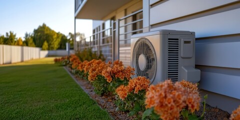 Obraz premium A small air conditioner unit is installed on the side of a house