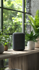 A smart home speaker positioned on a modern shelf with neutral decor, bright natural light, sleek and minimalist design, photorealistic