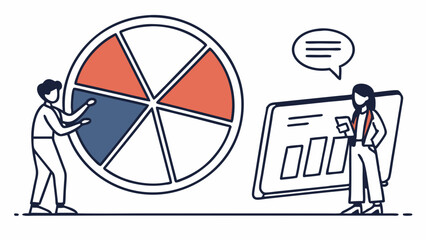 Business Collaboration: Two professionals working together, one pushing a pie chart and the other holding a tablet with graphs.