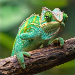 Obraz premium Colorful Chameleon Relaxing on Branch in Lush Green Habitat