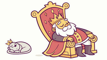 King's Slumber: A whimsical illustration of a king napping peacefully on his throne, with a small crowned animal companion sleeping nearby.  A charming scene perfect for children's books, websites.