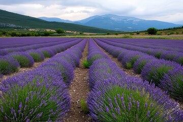 Obraz premium An enchanting view of purple lavender fields set against a backdrop of gentle hills, creating a tranquil atmosphere enhanced by the lush greenery.
