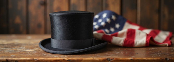 Abraham Lincoln's black top hat next to folded American flag on rustic wooden table