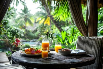 Luxury hotel breakfast with view of tropical garden 