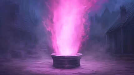 Fantasy Realm Concept Art Showing Mysterious Pink Flames Emanating From Magical Well in Dark Enchanted Village with Mystic Atmosphere and Fantasy Design Elements, Perfect for Fantasy Settings