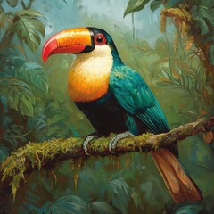 Colorful Toucan Perched on Branch in Lush Tropical Jungle Scene