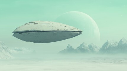 Obraz premium Sci-Fi Spaceship Hovering Over Icy Alien Landscape With Distant Planet Featuring Futuristic Design And Ethereal Atmosphere For Concept Art And Science Fiction Themes