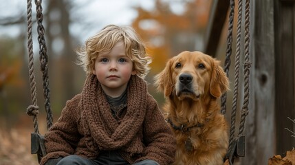 Child enjoys time on swing with golden retriever in autumn setting