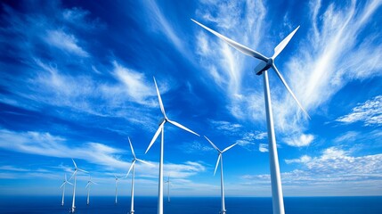 Offshore wind turbines with a clear blue sky and ocean view