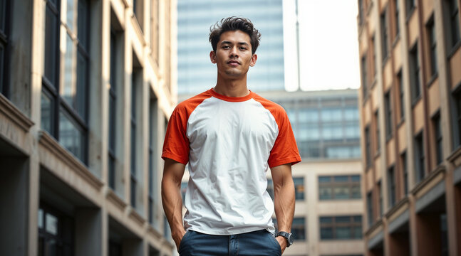 Young man in a T-shirt mockup with a custom design in an urban setting