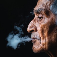 Obraz premium Elderly Man with Detailed Face Profile and Steam in Dark Background