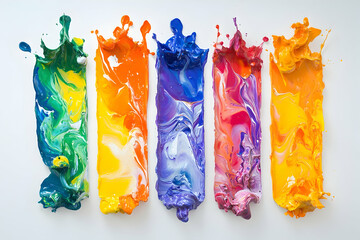 Five splashes of vibrant paint arranged on a clean white background