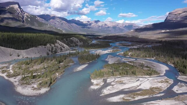 Aerial shot saskatchewan river jasper national park canada