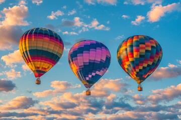 Fototapeta premium Hot air balloons float above a vibrant sky during an early morning festival in autumn