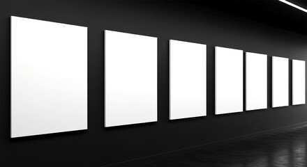 Row of blank posters on black mock up gallery