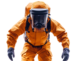 Person in protective suit, white isolate background