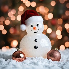 Festive Snowman Decoration with Santa Hat and Christmas Ornaments