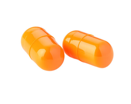 Close-up of vibrant orange capsules on a clean white background. Ideal for illustrating supplements, vitamins, or health products. Perfect for marketing health-related content.