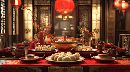 Naklejka premium A grand table set for a festive feast, adorned with dumplings, spring rolls, and traditional red and gold decorations.