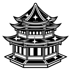 Black and White Pagoda Illustration – Intricate Geometric Asian Architecture Design