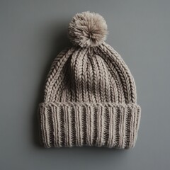 Beige knitted beanie with pompom.