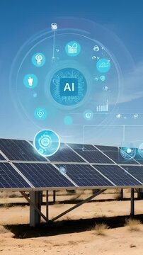 Vertical screen, solar intelligence optimizing renewable energy generation across arid technological landscape. Solar energy in implementation of green projects