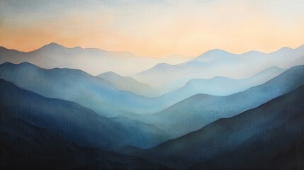 Serene sunset over layered blue mountains, hazy atmospheric perspective.