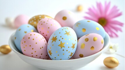 Fototapeta premium Colorful decorative eggs in a bowl with floral accents for Easter celebration