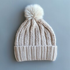 Cream cable knit beanie with fluffy pompom.