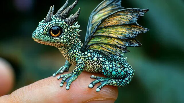 A cute chimera dragon with glittering scales and colorful wings rests on a fingertip. Surrounded by lush greenery, the moment captures the magic of a tiny mythical creature in nature.