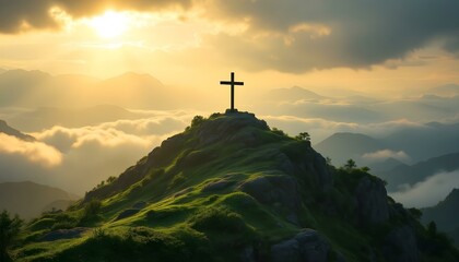 Serene Landscape with Cross on Mountain Peak and Dramatic Lighting