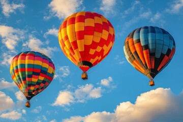 Fototapeta premium Hot air balloons ascending in the morning sky above a scenic landscape at sunrise
