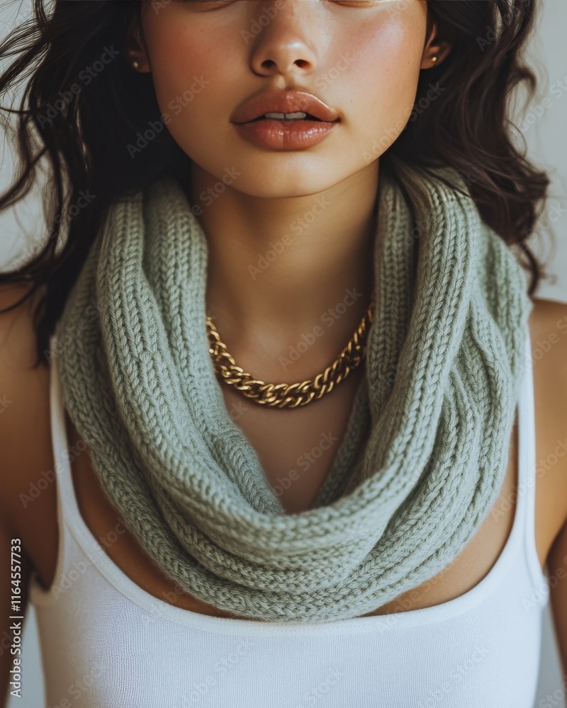 Wall mural Woman wearing light green scarf and gold chain against neutral background